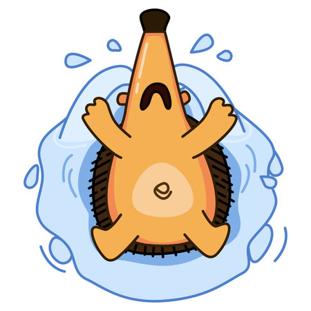 Red hedgehog in a tears puddle on a white background. Stormy grieving depressive animal. Sobbing cartoon hedgehog. Sticker with the concept of resentment, grief, disappointment, unrequited loveのイラスト素材