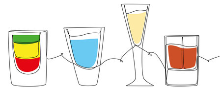 Multi-colored cocktails with glasses of different shapes in one line on a white background. Bar counter with contour of alcoholic drinks. Stock vector illustration of a festive feast.のイラスト素材