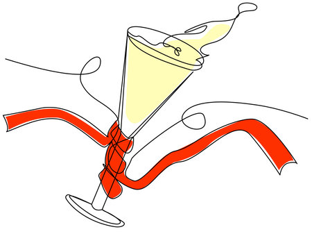 A glass of champagne wrapped in a red stripe drawn by one line on a white background. Simple vector doodle illustration with festive alcohol. Concept for New Years, Weddings, Christmas.のイラスト素材