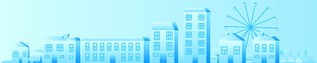 Blue winter city in a stretched vertical orientation. Cute carousel houses. Vector stock image for winter banners.のイラスト素材