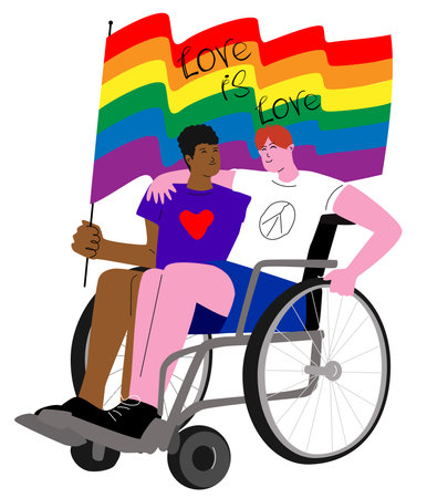 Two disabled gay men in wheelchair with LGBT flag on white isolate. The concept of love no matter what. Vector illustration of people of different races.のイラスト素材