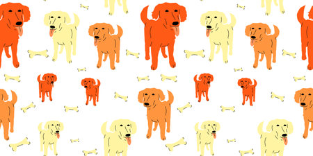 Cartoon dogs with bone seamless pattern on white background. Orange and yellow Labradors with tongue hanging out. Designing a website about animal feed, a shelter, an online pet selection store.のイラスト素材