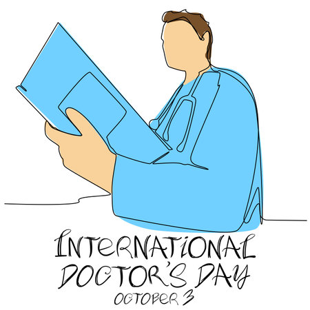International Doctor's Day. Medical worker holding a medical card. The concept of the attending pediatrician in one line with a colored silhouette. Stock vector illustration in story format.のイラスト素材