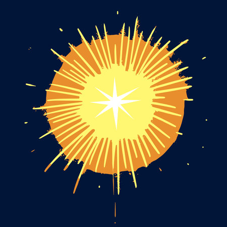 Cartoon gold explosion on a blue background. Fireworks concept. Stock vector illustration for the design and decoration of cards, invitations, seasonal offers.のイラスト素材