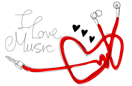 Vacuum headphones woven in the heart shape with an arrow in a continuous line on a white background. I love music, slogan in one line. Stock vector illustration.のイラスト素材