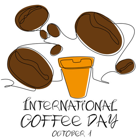 Coffee beans and a plastic cup with a hot drink in a single line. The concept of congratulations on International Coffee Day. Stock vector illustration of first October celebration.のイラスト素材