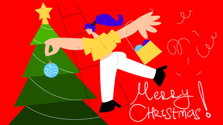 Christmas card with disproportionate women and New Year's toys. A girl decorates a Christmas tree with balls on a staircase on a red background. Festive winter vector illustration in flat style.のイラスト素材