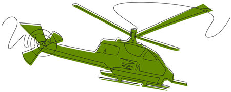 Green helicopter one line on a white background. Military aircraft in abstract doodle style. Stock vector illustration of flying military equipment. Eps with editable stroke.のイラスト素材