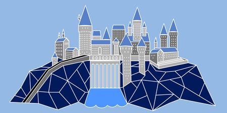 Blue Hogwarts castle school of magic and sorcery. Line fantasy building with geometric shapes. Vector illustration.のイラスト素材