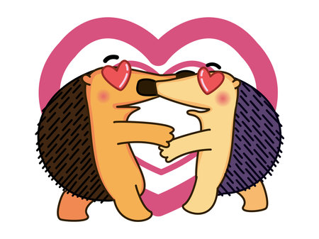 Two cute kissing hedgehogs on the background of hearts. Romantic vector illustration with animals on the white Mesolithic. Children's characters in love. Happy family and couple concept.のイラスト素材