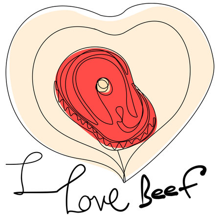 A piece of meat lying on a plate in the shape of a heart. I love beef. Stock illustration with contour of a slice of beef. Illustration for menu, delivery, coupon printing, food advertising.のイラスト素材
