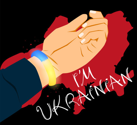 A hand with a bracelet of Ukrainian colors and a bloody puddle in the shape of the Ukrainian country. The concept of innocent victims in war. Tragedies in Bucha and Izyum. Stock vector illustration.のイラスト素材