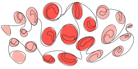 One line red blood cells in doodles style on white screen. Vector illustration of erythrocytes for medical decor and designs. Abstraction of biological particles. Coagulation and healing body damage.のイラスト素材