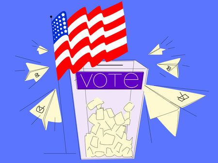Flying paper planes into the ballot box with the US flag on a blue background. The concept of Democracy and elections in the USA. Stock illustration of America's free vote.のイラスト素材