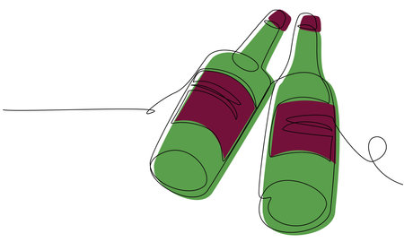 Two wine bottles in one line on a white background. Stock vector illustration with alcohol in abstract style.のイラスト素材