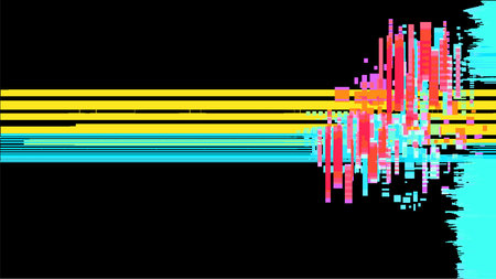 Minimalistic glitch effect with blue-yellow stripes and red pixels on a black background. Vector abstraction with damage on the screen of the device. Concept of destruction, cyberpunk, future, sci-fi.のイラスト素材