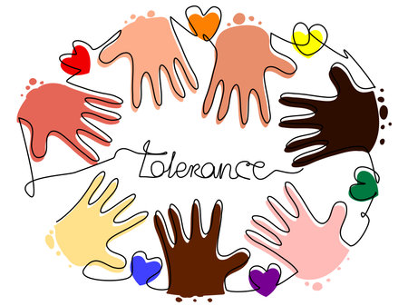 Tolerance palms in one line on a white background. The concept of Tolerance, interracial teams, equality, LGBT community. Stock vector illustration with different skin tones.のイラスト素材