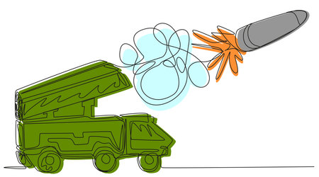 Green MLRS one line on a white background. Military equipment releases a rocket in an abstract doodle style. Stock vector illustration of offensive military weapons. Eps with editable stroke.のイラスト素材