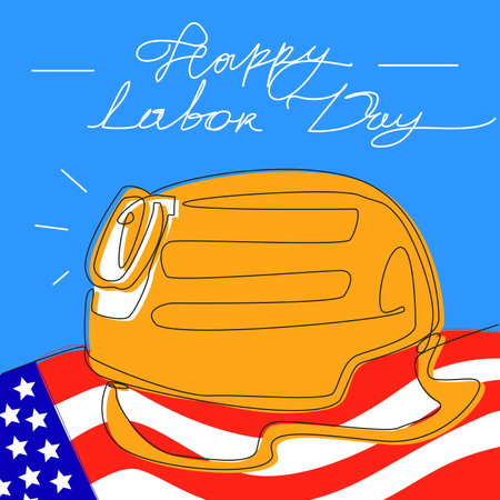 Orange hard hat in one line on the US flag. Happy Labor Day. Stock vector illustration for American Workers' Day.のイラスト素材