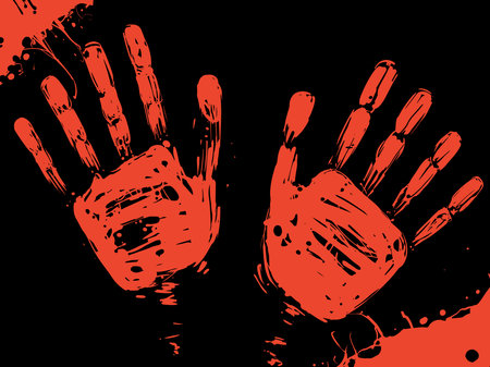 Bloody handprints with stains of blood on a black background. Stock vector illustration with horror effect. A killer image for Halloween banners.のイラスト素材