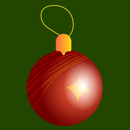 Red round Toy for Christmas tree with a linear texture and a yellow star on a green background. Vector illustration of New Year's Eve decoration.のイラスト素材
