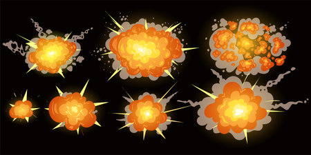 Cartoon explosions set on black screen. Vector flame from the detonation of explosives or...