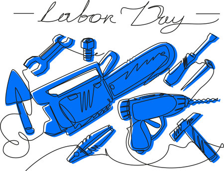 One line tools for working on the Day of the Workers. Set with a wrench, chainsaw, drill, nails, pliers, spatula. Blue silhouette of tools on the desktop. Stock vector illustration.のイラスト素材
