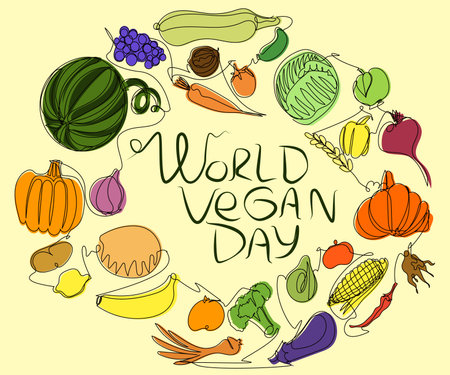 Round frame with vegetables and fruits in one line with colored silhouette. Vector illustration for World Vegan Day. Healthy food concept with place for text. Stock square image.のイラスト素材