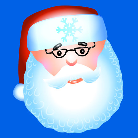 Cute Santa Claus head in a New Year's hat smiles on a blue background. Vector illustration of a Christmas character.のイラスト素材