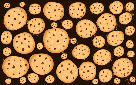 Cookies with chocolate chips on a dark background. The concept of cooking, sweets, food blog. Vector illustration of cookies for decoration and design.のイラスト素材