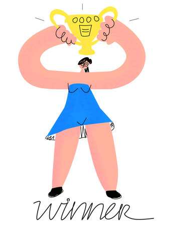 Cartoon woman holding winner cup on white isolate. Winner girl in a blue short dress with a happy look. An inspired woman who received an award. Stock vector illustration.のイラスト素材