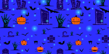 Seamless pattern with zombie hand, graves, pumpkins and bats. Design of labels and wallpapers for Halloween. Stock vector illustration of a mystical mood.のイラスト素材