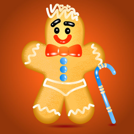 Happy Christmas Gingerbread with candy cane on a purple background. Festive New Year illustration of fanny character in a square orientation. Vector image of a cookie.のイラスト素材
