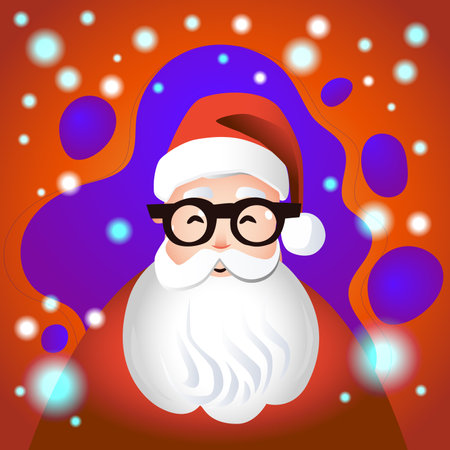 Cute Santa Claus in glasses on a red background. Vector illustration of a festive grandfather with a white beard. Christmas card with falling snow and happy character.のイラスト素材