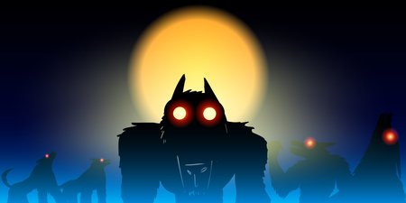 Werewolves howling at the full moon on a foggy night. Big scary monsters with burning eyes. Creepy vector illustration with mystical animals. Halloween vector image with space for text.のイラスト素材
