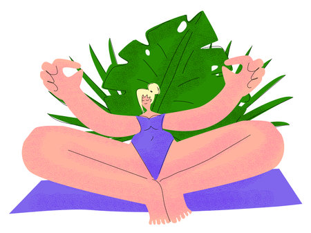 Focused blonde woman in lotus position meditates on the background of plants. A woman in a purple swimsuit relaxes and throws back negative emotions. Psyche cleansing vector illustration concept.のイラスト素材