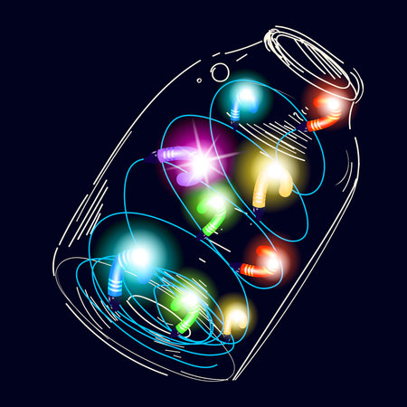 Sketch Jar glowing garland Candy Cane on a black background. Concept, a holiday of magic and miracle. Vector illustration of Christmas illuminations and decorations. Square New Year card.の写真素材