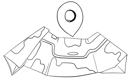 Linear paper map with geotag. Vector graphics of delivery, moving, opening a business, logistics. Stock vector image of the route.のイラスト素材