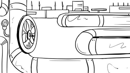 Pipes and valve in a linear style on a white background. Concept with gas pipeline, sewerage, water supply. Vector illustration with pipes.のイラスト素材