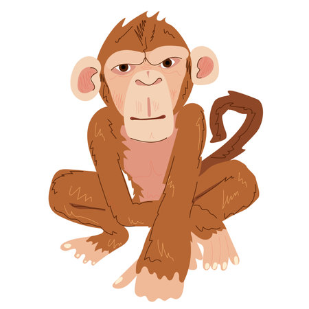 Cartoon monkey red color on white isolate. Squatting primate. Vector image of an animal in EPS.のイラスト素材