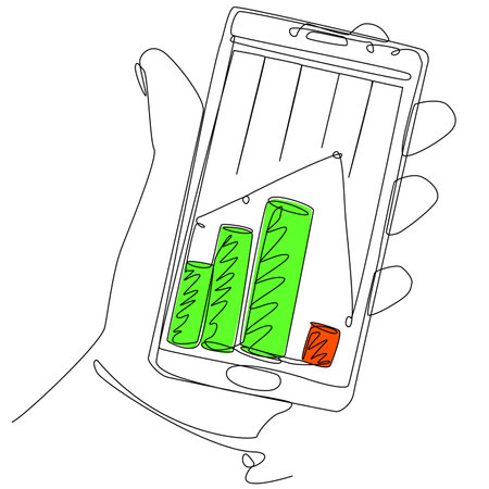 A sharp drop in the financial chart with columns on the gadget screen. Hand with smartphone one line. The concept of losing bets, ruin, loss, lack of resources. Stock vector image.のイラスト素材