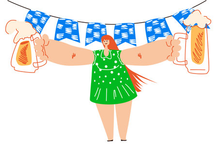Cartoon waitress with glasses of beer. Vector character from the beer festival. A man distributing alcohol against the background of blue checkered flags.のイラスト素材