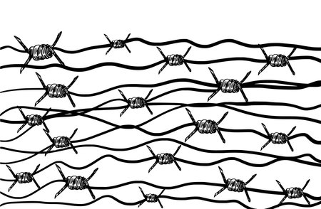 Barbed wire on a white background. Stock illustration with a fence in a protected area. The concept of military barracks, prison, border, prohibition, cruel laws, dictatorship, media restriction.のイラスト素材