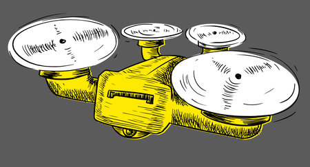 Technological quadcopter in sketch style. Yellow drone with rotating propellers on a gray isolate. Vector stock illustration with the remote-controlled aerial flying machine.のイラスト素材
