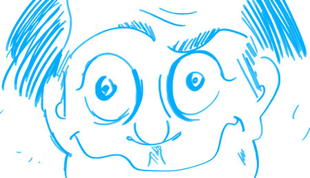 Cartoon sketch portrait of a crazy guy on a white background. Close-up marker drawing of crazy big eyes. The concept of madness, fright, paranoia, experiences.のイラスト素材