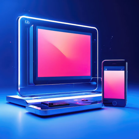 Laptop, smartphone and tablet pc in neon light. 3D renderingの素材