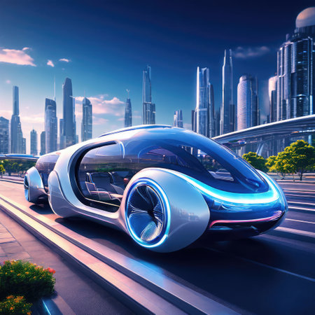 Future electric car on the road in the city. 3d renderingの素材