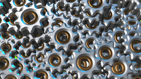 3d render of gear wheels in a row. Abstract background.
