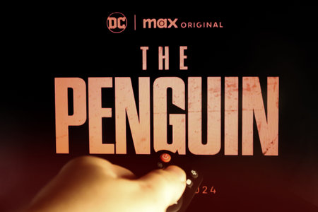 The viewer watches the film Penguin on the screen with the remote control in his hand. Stock...