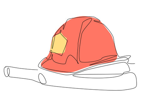 A firefighters helmet is depicted on top of a fire truck, showcasing essential gear at a fire station.のイラスト素材